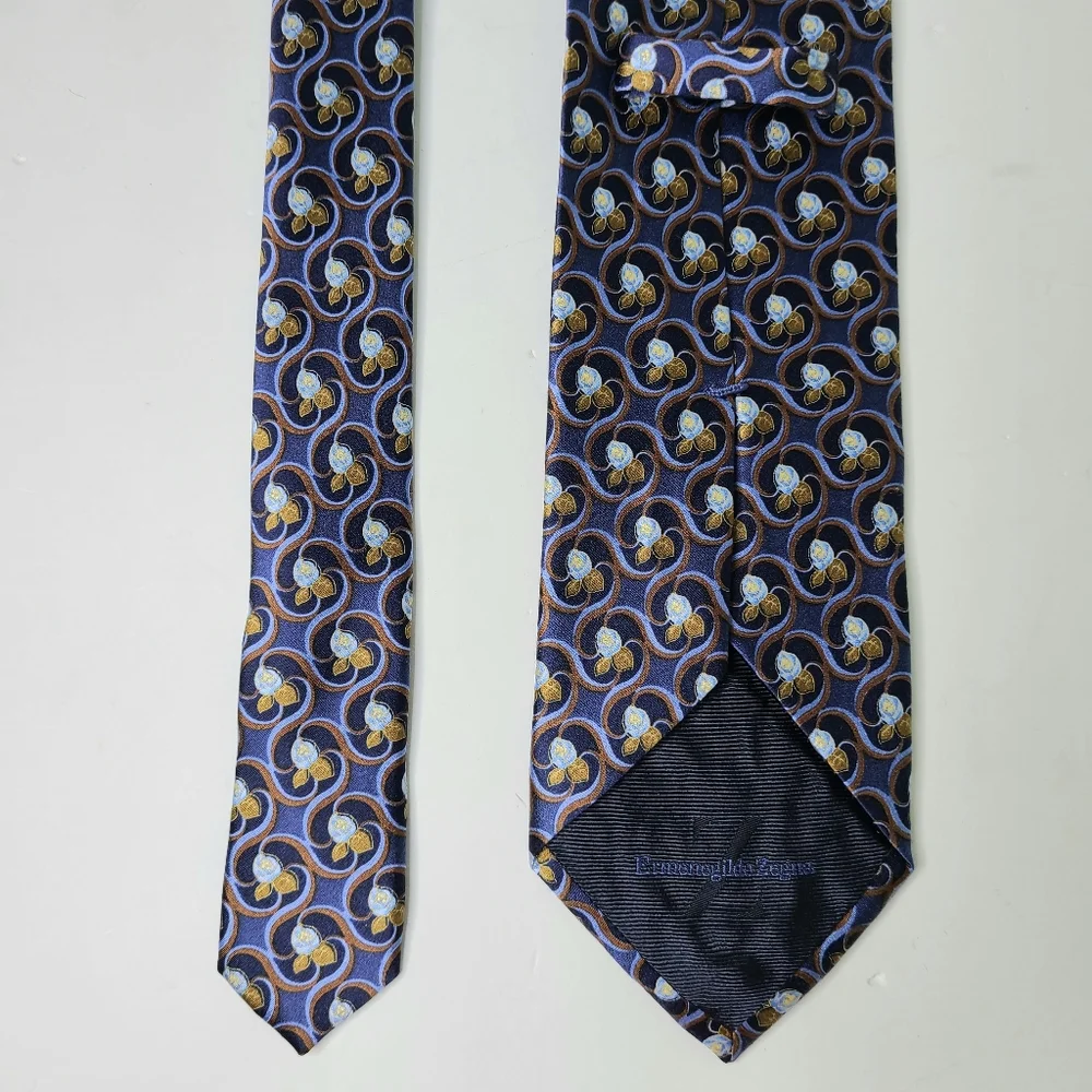 Ermenegildo Zegna Blue Gold Rose Floral Print Silk Tie